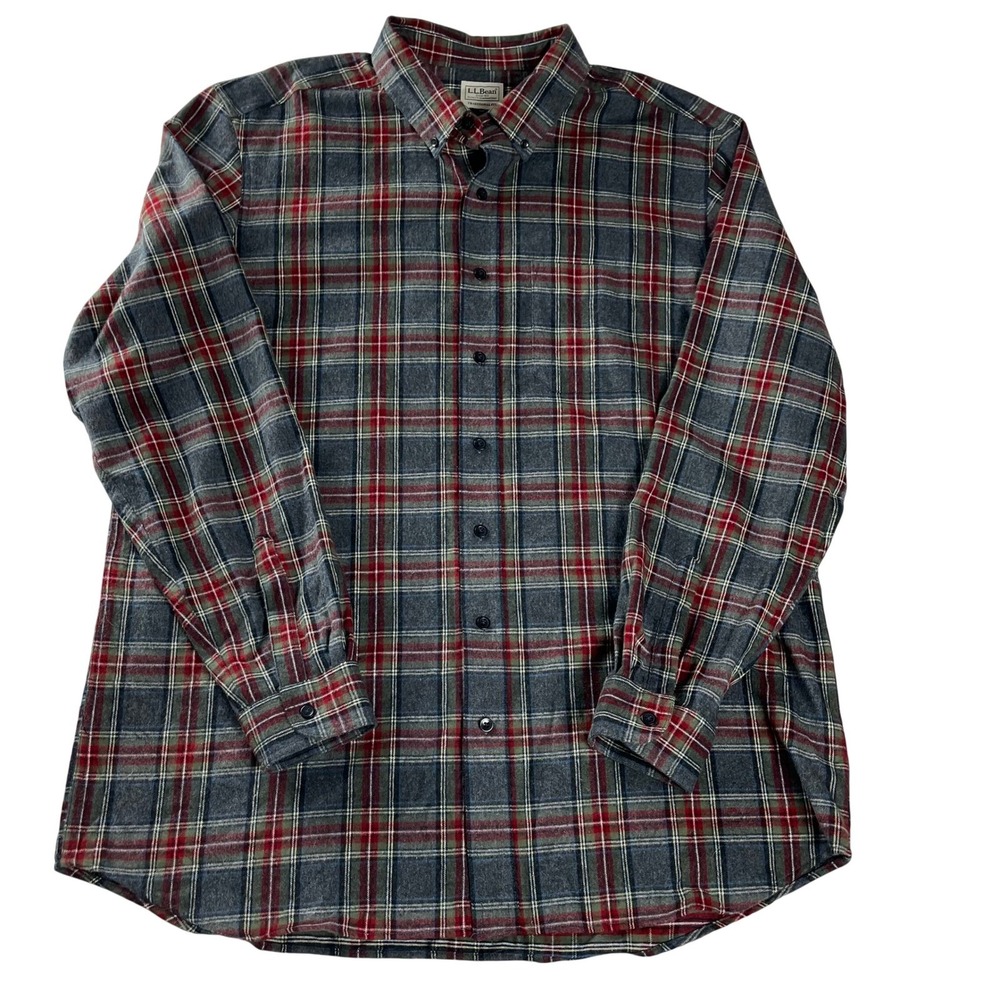 L.L.Bean Traditional Fit Plaid Flannel Shirt‎ Mens Cotton Button Down Gray Red